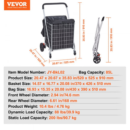 VEVOR Opvouwbare winkelwagen 200 lbs/90,7 kg Maximale belasting winkelwagen met zwenkwielen en tas Heavy Duty opvouwbare wasmandwagen Compact lichtgewicht opvouwbaar zilver