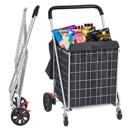 VEVOR Opvouwbare winkelwagen 200 lbs/90,7 kg Maximale belasting winkelwagen met zwenkwielen en tas Heavy Duty opvouwbare wasmandwagen Compact lichtgewicht opvouwbaar zilver
