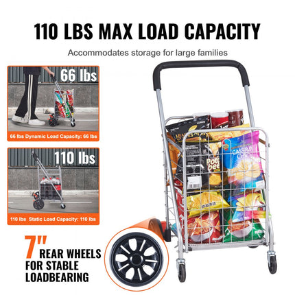 VEVOR Opvouwbare winkelwagen 50 kg maximale belasting winkelwagen met zwenkwielen Heavy Duty opvouwbare wasmand compact lichtgewicht opvouwbaar voor bagage zilver