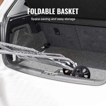 VEVOR Opvouwbare winkelwagen 50 kg maximale belasting winkelwagen met zwenkwielen Heavy Duty opvouwbare wasmand compact lichtgewicht opvouwbaar voor bagage zilver