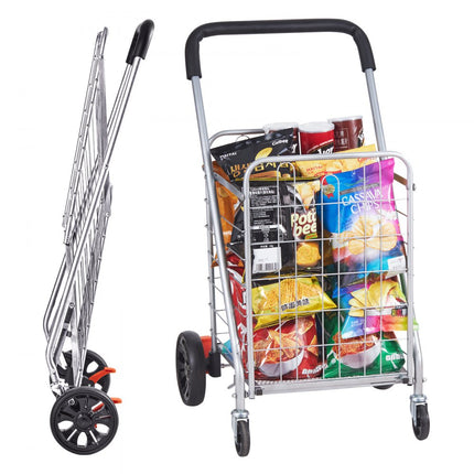 VEVOR Opvouwbare winkelwagen 50 kg maximale belasting winkelwagen met zwenkwielen Heavy Duty opvouwbare wasmand compact lichtgewicht opvouwbaar voor bagage zilver
