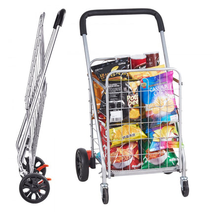 VEVOR Opvouwbare winkelwagen 50 kg maximale belasting winkelwagen met zwenkwielen Heavy Duty opvouwbare wasmand compact lichtgewicht opvouwbaar voor bagage zilver