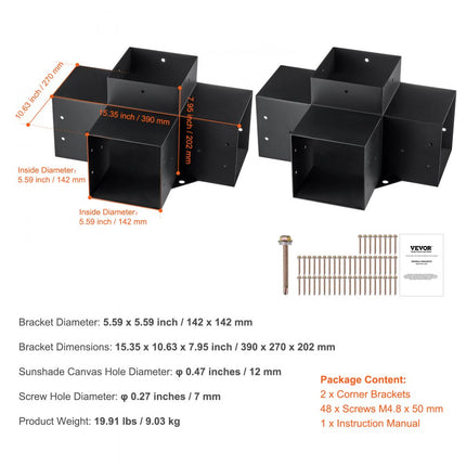 VEVOR set van 2 paalverbinders gemaakt van 2 mm dikke staalplaten paalhoek pergola hoekverbinder houtverbinder 90° kofferbakstructuur hoekbeugel houten balken paviljoenbeugelset 390x270x202mm