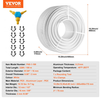 VEVOR aluminium composietbuis, aluminium meerlagencomposietbuis, 100 m, wit, PEX buis, aluminium meerlagencomposietbuis, MV buis, meerlagenbuis, ideaal voor vloerverwarming en radiatoraansluiting, aluminium composietbuis