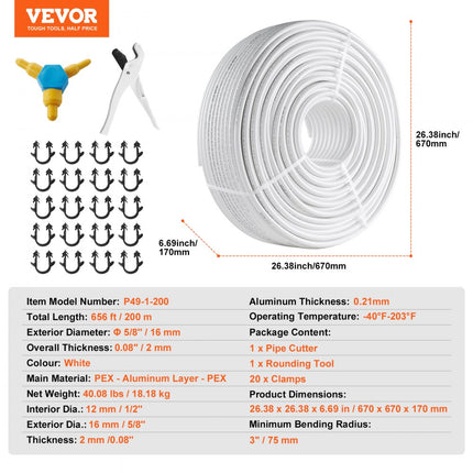 VEVOR aluminium composietbuis, aluminium meerlagencomposietbuis, 200 m, wit, PEX buis, aluminium meerlagencomposietbuis, MV buis, meerlagenbuis, ideaal voor vloerverwarming en radiatoraansluiting, aluminium composietbuis