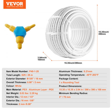 VEVOR aluminium composietbuis, aluminium meerlagencomposietbuis, 25 m, wit, PEX buis, aluminium meerlagencomposietbuis, MV buis, meerlagenbuis, ideaal voor vloerverwarming en radiatoraansluiting, aluminium composietbuis