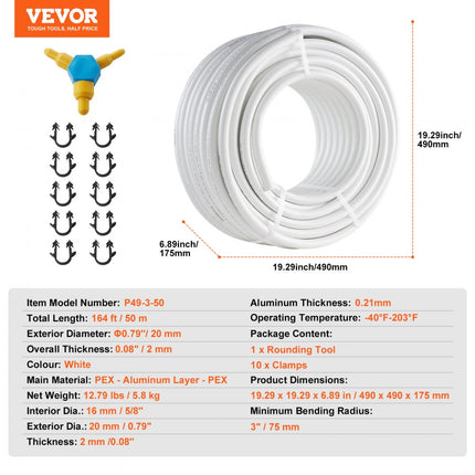 VEVOR aluminium composietbuis, aluminium meerlagencomposietbuis, 50 m, wit, PEX buis, aluminium meerlagencomposietbuis, MV buis, meerlagenbuis, ideaal voor vloerverwarming en radiatoraansluiting, aluminium composietbuis
