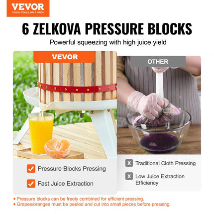 VEVOR fruitpers, sapcentrifuge, bessenpers, 11,3 L, fruitpers, 40 x 40 x 20,5 cm, Zelkova hout, handmatige fruitpers, appelpers, wijnpers, pureepers, sapcentrifuge, fruitmolen met filterzakken