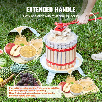 VEVOR fruitpers juicer bessenpers 6 L, fruitpers 17,5 x 26 cm Zelkova hout handmatige fruitpers, appelpers wijnpers mash pers juicer juicer fruitmolen met filterzakken