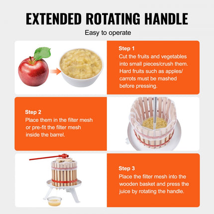 VEVOR fruitpers juicer bessenpers 6 L, fruitpers 17,5 x 26 cm Zelkova hout handmatige fruitpers, appelpers wijnpers mash pers juicer juicer fruitmolen met filterzakken