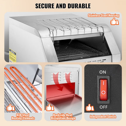 VEVOR continue broodrooster 1770 W broodrooster met transportband, kettingbroodrooster, drie instelbare modi 150/300/450 plakjes per uur, commerciële broodrooster transportband Edelstal restaurants, bakkerijen