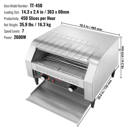 VEVOR continue broodrooster 1770 W broodrooster met transportband, kettingbroodrooster, drie multifunctionele bedrijfsmodi 450 plakjes per uur, commerciële broodrooster transportband Edelstal restaurants, bakkerijen zilver