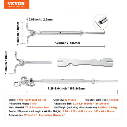 VEVOR T316 roestvrij staal verstelbare hoek 1/8" kabelrailset/hardware voor houten palen, maritieme kwaliteit voor 1/8" staalkabel, 0-180 graden hoek en eenvoudige installatie, zilver (30 stuks)