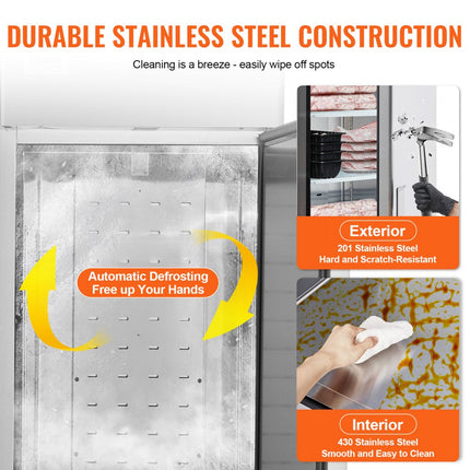 VEVOR commerciële vriezer 570L, vriezer met enkele deur, roestvrijstalen vriezer met automatische ontdooiing, 3 verstelbare planken, temperatuurregeling van -25 tot -15 ℃ en 4 wielen