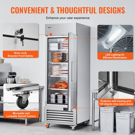 VEVOR commerciële vriezer 570L, vriezer met enkele deur, roestvrijstalen vriezer met automatische ontdooiing, 3 verstelbare planken, temperatuurregeling van -25 tot -15 ℃ en 4 wielen