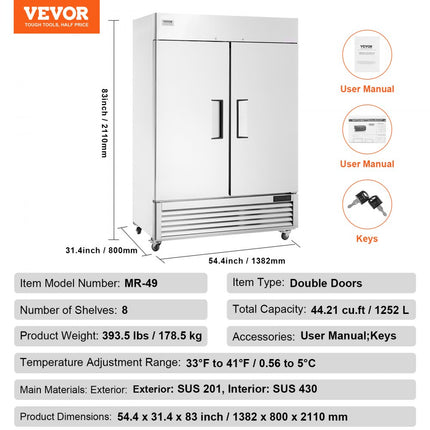 VEVOR commerciële koelkast 1100 L, 2 deuren, roestvrijstalen koelkast met automatische ontdooiing, 6 planken, temperatuurregeling van -2 tot + 8 °C en 4 wielen