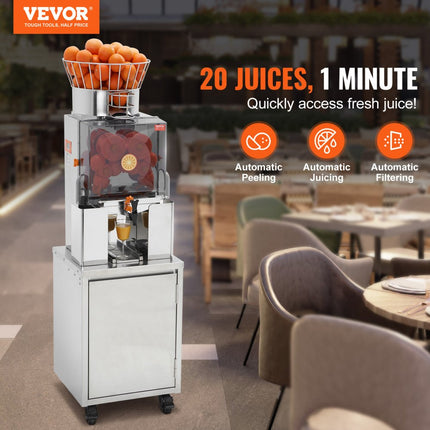 VEVOR Commerciële sinaasappelpers Automatische 120W sapcentrifuge, roestvrijstalen sinaasappelpers voor 25 sinaasappels per minuut, met uittrekbare filterbox, PC-deksel Citruspers Sapcentrifuge Elektrisch