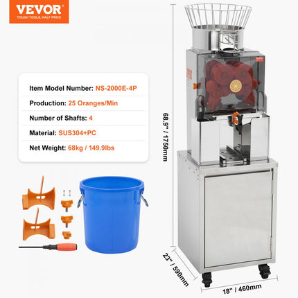 VEVOR Commerciële sinaasappelpers Automatische 120W sapcentrifuge, roestvrijstalen sinaasappelpers voor 25 sinaasappels per minuut, met uittrekbare filterbox, PC-deksel Citruspers Sapcentrifuge Elektrisch