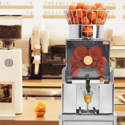 VEVOR Commerciële sinaasappelpers Automatische 120W sapcentrifuge, roestvrijstalen sinaasappelpers voor 25 sinaasappels per minuut, met uittrekbare filterbox, PC-deksel Citruspers Sapcentrifuge Elektrisch