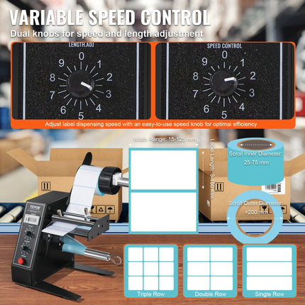 VEVOR Automatische labeldispenser, breedte 15-125 mm, lengte 3-150 mm, labelstripper, labelscheidingsmachine, traploze snelheidsaanpassing, labelapplicator, maximaal aantal 0-999999
