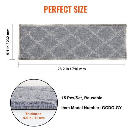VEVOR trapmatten rechthoekige trapmatten 716 x 232 mm grijs 15 stuks traptapijt trapmatten duurzaam onderhoudsvriendelijk antislip traptapijt trapmat voor binnengebruik gestructureerd
