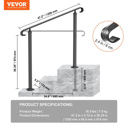 VEVOR Balustrade Trap Trapleuning Smeedijzeren Leuning Pas 2 van 3 Stappen Armsteun Antislip Handgreep Stappen Trap Leuning Windtrap Leuning