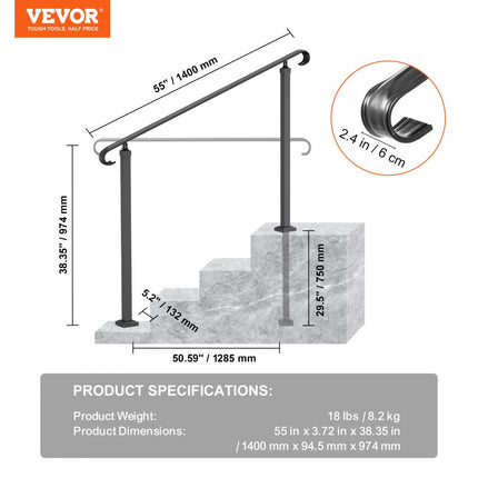 VEVOR Balustrade Trap Trapleuning Smeedijzeren Leuning 48 cm Armsteun Antislip Handgreep Ijzer Zwart Stappen Trap Leuning Windtrap Leuning