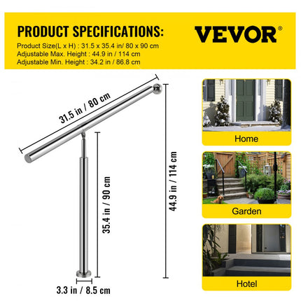 VEVOR Balustrade Trap Trapleuning voor buiten cRoestvrijstalen balustrade OneStairs 80x90cm wand