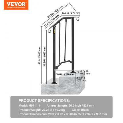 VEVOR Balustrade Trap Smeedijzeren Leuning 1-2 Treden Trap Leuning 17,3 cm Smeedijzeren Rail Afstand Tussen Palen 30 cm Outdoor Indoor Trapleuning
