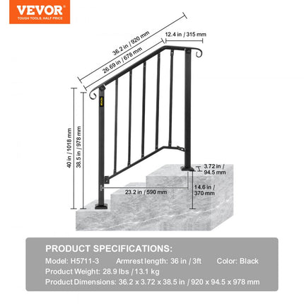 VEVOR Balustrade Trap Smeedijzeren Leuning 2-3 Treden Trap Leuning 37 cm Smeedijzeren Rail Afstand Tussen Palen 71 cm Outdoor Indoor Trapleuning