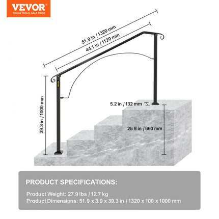 VEVOR Balustrade Trap Smeedijzeren trapleuning toegangsleuning boogvorm geschikt voor 3 tot 4 treden voor buiten zwart