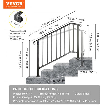 VEVOR Balustrade Trap Smeedijzeren Leuning 3-4 Treden Trap Leuning 66 cm Leuning Rail Afstand Tussen Palen 111,3 cm Outdoor Indoor Trapleuning