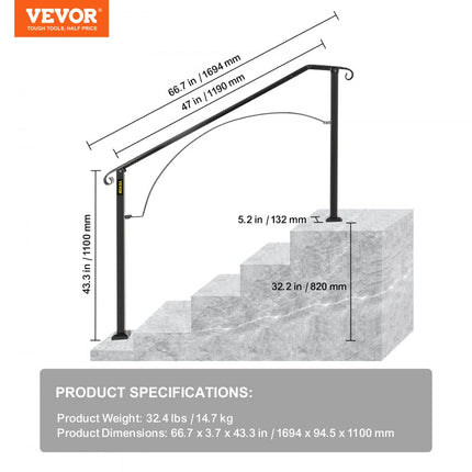VEVOR Balustrade Trap Trapleuning Smeedijzeren Leuning Zwart Trap Leuning 4-5 Stappen Leuning Rail Zolderleuning Armleuning Binnen- en Buitenomheining