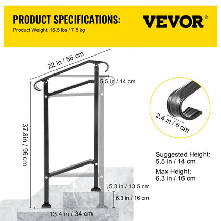 VEVOR Balustrade Trap Trapleuning Railing Trap Leuning Smeedijzeren Leuning Rail Rambarde 1-2 Stappen Verstelbaar 18,5 cm Hoek 0-30,9