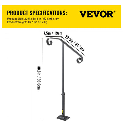 VEVOR Balustrade Trap Smeedijzeren Leuning 1-2 Treden Trap Leuning 36 Smeedijzeren Leuning Rail 4x6 Basisplaat Outdoor Indoor Universele Trapleuning