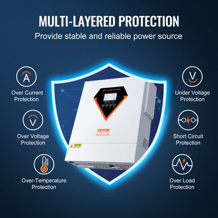 VEVOR 2-in-1 hybride zonne-omvormer 3500 W zonne-omvormer 7000 VA zuivere sinusgolf MPPT LCD-scherm 3 oplaadmodi (opladen op zonne-energie, opladen via elektriciteitsnet, hybride opladen) en 4 uitgangsmodi (UTL, SOL, SBU, SUB)