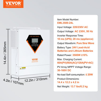 VEVOR 2-in-1 hybride zonne-omvormer 3500 W zonne-omvormer 7000 VA zuivere sinusgolf MPPT LCD-scherm 3 oplaadmodi (opladen op zonne-energie, opladen via elektriciteitsnet, hybride opladen) en 4 uitgangsmodi (UTL, SOL, SBU, SUB)