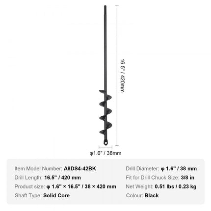 VEVOR tuinvijzel φ38x420mm grondboor voor elektrische boormachine PCM stalen paalvijzel Geschikt voor 3/8 "(9,53 mm) zeskantboorschroevendraaier spiraalboor Ideaal voor planten, installeren van hekken en tenten