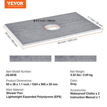 VEVOR doucherandset, 1524 x 965 x 28 mm, grote douchebakset met centrale afvoer, lichtgewicht EPS douche-installatiekits met 2 waterdichte doeken, douchebak kantelstangen geschikt voor badkamer