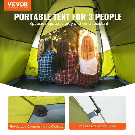 VEVOR kampeertent 3-persoons pop-up tent 214 x 214 x 122 cm koepeltentzeil van 190T Dacron + 150D Oxford-frame van 7,62 mm glasvezel trekkingtent festivaltent groen ideaal voor campingfestivals