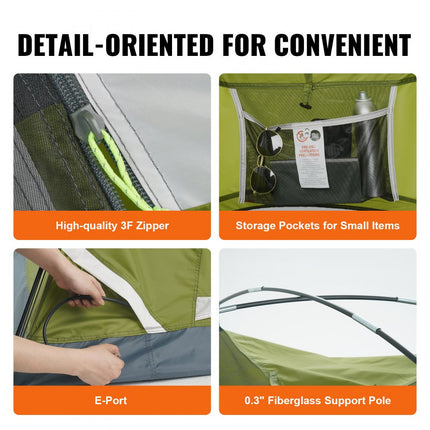 VEVOR kampeertent 3-persoons pop-up tent 214 x 214 x 122 cm koepeltentzeil van 190T Dacron + 150D Oxford-frame van 7,62 mm glasvezel trekkingtent festivaltent groen ideaal voor campingfestivals
