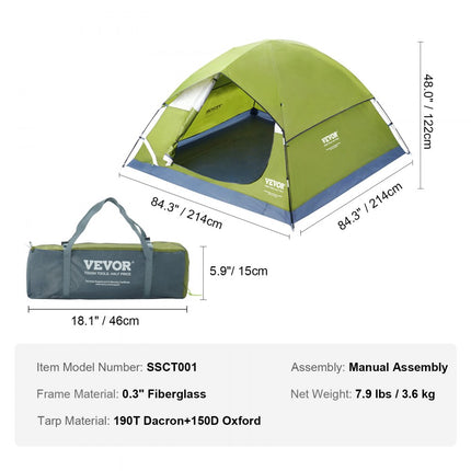 VEVOR kampeertent 3-persoons pop-up tent 214 x 214 x 122 cm koepeltentzeil van 190T Dacron + 150D Oxford-frame van 7,62 mm glasvezel trekkingtent festivaltent groen ideaal voor campingfestivals