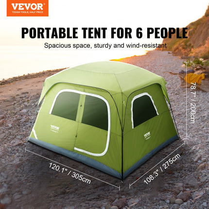 VEVOR kampeertent 6 personen pop-up tent 305x275x200cm koepeltentzeil gemaakt van 190T Dacron + 150D Oxford frame gemaakt van Q235 + glasvezel trekkingtent festivaltent tent met twee deuren en drie ramen groen