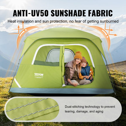 VEVOR kampeertent 6 personen pop-up tent 305x275x200cm koepeltentzeil gemaakt van 190T Dacron + 150D Oxford frame gemaakt van Q235 + glasvezel trekkingtent festivaltent tent met twee deuren en drie ramen groen
