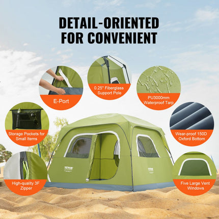 VEVOR kampeertent 6 personen pop-up tent 305x275x200cm koepeltentzeil gemaakt van 190T Dacron + 150D Oxford frame gemaakt van Q235 + glasvezel trekkingtent festivaltent tent met twee deuren en drie ramen groen