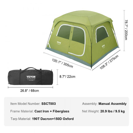 VEVOR kampeertent 6 personen pop-up tent 305x275x200cm koepeltentzeil gemaakt van 190T Dacron + 150D Oxford frame gemaakt van Q235 + glasvezel trekkingtent festivaltent tent met twee deuren en drie ramen groen