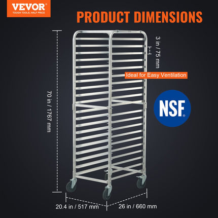 VEVOR Broodjesstandaard 20 niveaus Commerciële bakkerijstandaard met remwielen, aluminium rekwagenopslag, broodbakapparatuur Draagvermogen 240 kg, 660 x 517 x 1767 mm