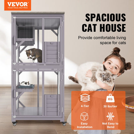 VEVOR kattenkooi met 3 niveaus en 1 deur kattenverblijf 760x865x1630mm kleine dierenkooi van gegalvaniseerd gaas dennenhout knaagdierenkooi 14kg per niveau Ideaal voor katten en andere kleine dieren