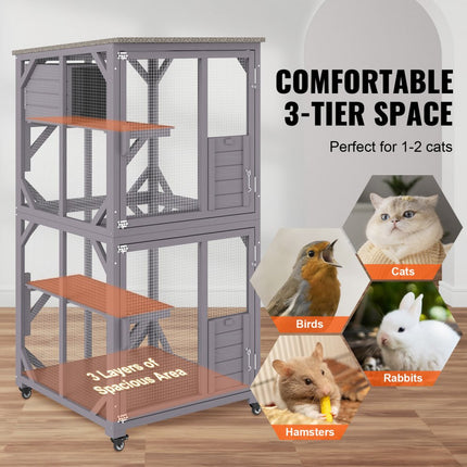 VEVOR kattenkooi met 3 niveaus en 1 deur kattenverblijf 760x865x1630mm kleine dierenkooi van gegalvaniseerd gaas dennenhout knaagdierenkooi 14kg per niveau Ideaal voor katten en andere kleine dieren