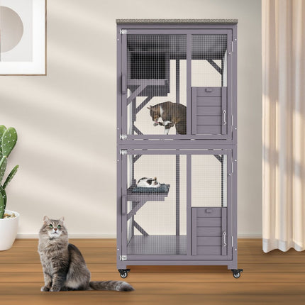 VEVOR kattenkooi met 3 niveaus en 1 deur kattenverblijf 760x865x1630mm kleine dierenkooi van gegalvaniseerd gaas dennenhout knaagdierenkooi 14kg per niveau Ideaal voor katten en andere kleine dieren